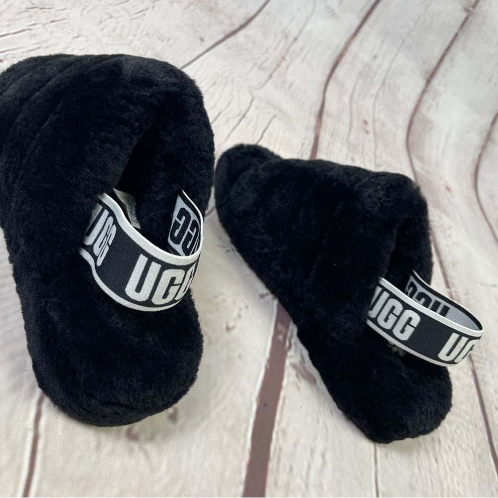 UGG Fluff Yeah black furry soft slippers slides with back straps, size 5 - Picture 7 of 11